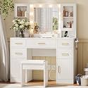 Vanity Set Vanity Desk with Mirror & Lights in 3 Colors, 44.9" White Vanity Table with Power Strip, Makeup Table with 5 Drawers & Storage Shelves, Bedroom Makeup Table Set with Stool for Girls & Women