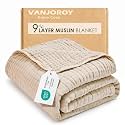 VANJOROY 9-Layer Muslin Throw Blanket Queen 90" x 108" Beige, 100% Cotton Organic Breathable Lightweight Large Throw for Couch Bed Quilt and Bedspread - All Season Muslin Soft Gauze Blanket