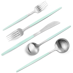 vanvro - 20 piece silver green matte stainless steel cutlery set satin finish for 4 home and restaurant dishwasher safe