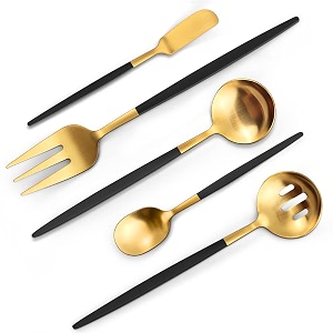 vanvro matte black gold serving silverware set 5-piece round shared utensils set of stainless steel hostess flatware serving set satin finish dishwasher safe