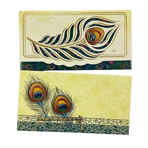 pack of 50 paper peacock feather design matte finish designer shagun envelopes for gifting money cash tuck flap fancy sagan lifafa wedding occasion 19 x 10 cm green cream color