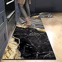 KIMEE 2-Piece Kitchen Mat Set – Kitchen Floor Rugs, Non-Slip & Easy to Clean Water Absorbing Runner Comfort Mats for Kitchen, Laundry, Office (Black Border FlowerPattern, 120cm x 60cm + 60cm x 40cm)