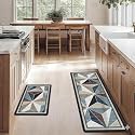KIMEE 2-Piece Kitchen Mat Set – Kitchen Floor Rugs, Non-Slip & Easy to Clean Water Absorbing Runner Comfort Mats for Kitchen, Laundry, Office (Black Border FlowerPattern, 120cm x 60cm + 60cm x 40cm)