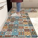 KIMEE 2-Piece Kitchen Mat Set – Kitchen Floor Rugs, Non-Slip & Easy to Clean Water Absorbing Runner Comfort Mats for Kitchen, Laundry, Office (Black Border FlowerPattern, 120cm x 60cm + 60cm x 40cm)