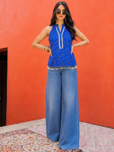 Varanga Casual Embroidered Women Blue Top
