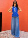 Varanga Casual Embroidered Women Blue Top