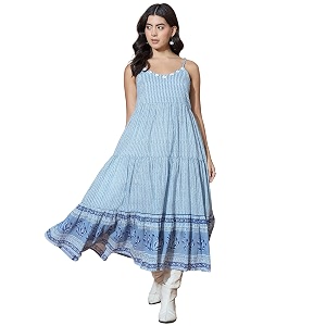 Varanga Women Blue Striped Flowy Dress with