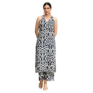 varanga women solid straight kurta trouser set  pure cotton fabric  sleeveless round neck  elastic waist casual amp summer wear