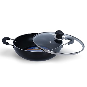 vardan 26 cm kadhai with glass lid  non stick kadhai deep stir fry pan with glass lid aluminium kadhai  made in india