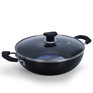 vardan premium non stick extra deep kadhai with lid 28 cm aluminium kadai with glass lid -deep black  made in india