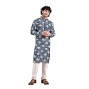 Vardha Men's Viscose Sequence Slim Kurta, Self Patterned with Block Print, Shibori Dyed Kurtas for Men, Mandarin Collar Long Kurta's