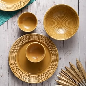 vareesha handmade ebony black ceramic ten pc ceramic dinner set-4 plates 4 veg bowls amp 2 serving bowls microwave and dishwasher safelead freebone ash free