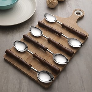 vareesha hand-made wooden handles stainless steel 6 pc spoons set  elegant lead free stainless steel table spoons for dinner flatware for dining table cutlery for gifting