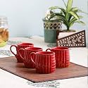 VarEesha Hand Painted Stripes Ceramic Tea Mug Set, Set of 4, Red