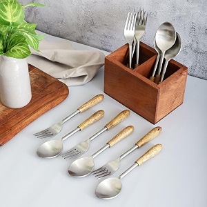 vareesha timber touch matt wooden handle cutlery set of twelve - spoons and forks  lead free stainless steel dinner silverware flatware for dining table cutlery for gifting