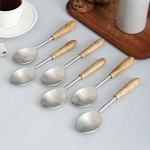 vareesha timber touch matt wooden handle table spoons set of six  elegant lead free stainless steel table spoons for dinner flatware for dining table cutlery for gifting