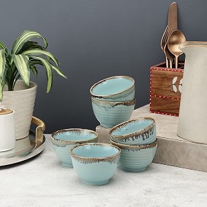 vareesha handmade tranquil mint ceramic vegetable bowls set of 6 150 ml dessert bowls  dishwasher amp microwave safe bowl for snack dal curry salad stoneware veg bowls katori set of 6