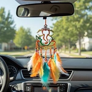 wooden handpaited ganpati dream catcher for car unique hand painted ganesha car mirror hanging accessories interior ganesh dream catcher for rear view mirror accessory gift item