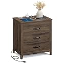 VASAGLE 23.6‑Inch Farmhouse Nightstand with Charging Station, 3 Drawers