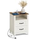VASAGLE Farmhouse Nightstand with Charging Station, 2 Drawers