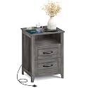 VASAGLE Farmhouse Nightstand with Charging Station, 2 Drawers