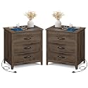 VASAGLE Farmhouse Nightstand with Charging Station, Set of 2, 3 Drawers