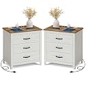 VASAGLE Farmhouse Nightstand with Charging Station, Set of 2