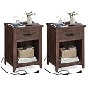 VASAGLE Farmhouse Nightstands with Charging Station, 1 Drawer, Set of 2