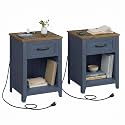 VASAGLE Farmhouse Nightstands with Charging Station, 1 Drawer, Set of 2