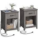 VASAGLE Farmhouse Nightstands with Charging Station, 1 Drawer, Set of 2