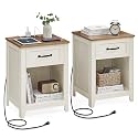 VASAGLE Farmhouse Nightstands with Charging Station, 1 Drawer, Set of 2