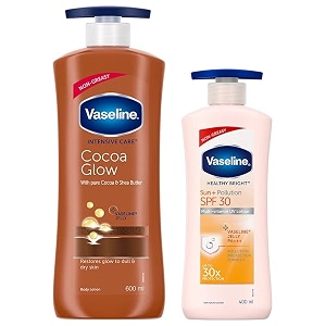vaseline intensive care 24 hr nourishing cocoa glow body lotion with cocoa and shea butter- 600 ml amp vaseline healthy bright sun protection body lotion spf 30 400 ml