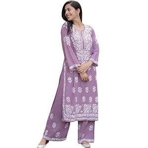 Womens Cotton Blend Lucknowi Embroidered Chikankari Straight