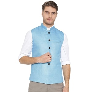 vastraa fusion men cotton-blended export-quality indian traditional nehru jacketmodi ethnic waistcoat light sky blue