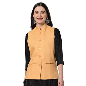 vastraa fusion women waist coat sleeveless nehru jacket mandarin collar button front vest for kurti suit office casual