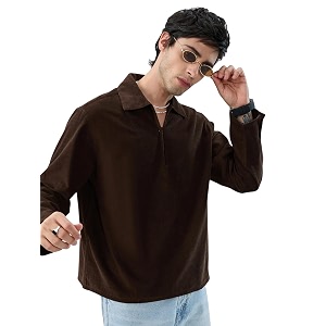 VASTRADO Carob Brown Corduroy Cuffless Oversized Shirt