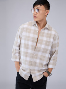 VASTRADO Men Checkered Casual Beige Shirt