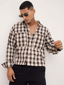 VASTRADO Men Checkered Casual Beige Shirt