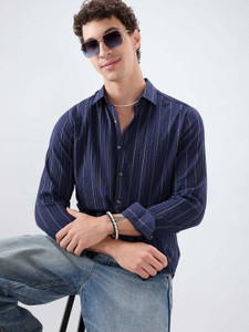 VASTRADO Men Striped Casual Dark Blue Shirt