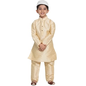 vastramay boys39 gold silk blend kurta pyjama set with muslim prayer cap amp full-length slip-on pyjama with elastic waistband  ethnic wear for eid