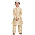 VASTRAMAY Boys' Gold Silk Blend Kurta Pyjama Set with Muslim Prayer Cap &amp; Full-Length Slip-On Pyjama with Elastic Waistband – Ethnic Wear for Eid