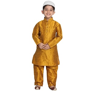 vastramay boys39 mustard silk blend kurta pyjama set with muslim prayer cap amp full-length slip-on pyjama with elastic waistband  ethnic wear for eid
