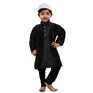 vastramay boys39 black silk blend kurta pyjama set with muslim prayer cap amp full-length slip-on pyjama with elastic waistband  ethnic wear for eid