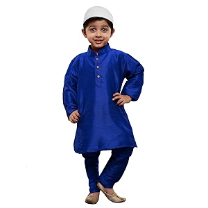 vastramay boys39 blue silk blend kurta pyjama set with muslim prayer cap amp full-length slip-on pyjama with elastic waistband  ethnic wear for eid