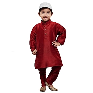 vastramay boys39 maroon silk blend kurta pyjama set with muslim prayer cap amp full-length slip-on pyjama with elastic waistband  ethnic wear for eid