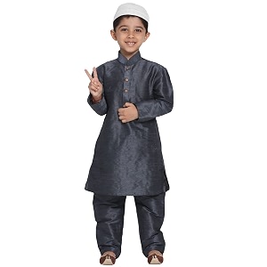 vastramay boys39 slate silk blend kurta pyjama set with muslim prayer cap amp full-length slip-on pyjama with elastic waistband  ethnic wear for eid