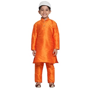 vastramay boys39 saffron silk blend kurta pyjama set with muslim prayer cap amp full-length slip-on pyjama with elastic waistband  ethnic wear for eid