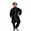 VASTRAMAY Boys' Black Silk Blend Kurta Pyjama Set with Muslim Prayer Cap &amp; Full-Length Slip-On Pyjama with Elastic Waistband – Ethnic Wear for Eid