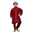 VASTRAMAY Boys' Maroon Silk Blend Kurta Pyjama Set with Muslim Prayer Cap &amp; Full-Length Slip-On Pyjama with Elastic Waistband – Ethnic Wear for Eid