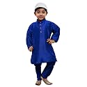 VASTRAMAY Boys' Blue Silk Blend Kurta Pyjama Set with Muslim Prayer Cap &amp; Full-Length Slip-On Pyjama with Elastic Waistband – Ethnic Wear for Eid